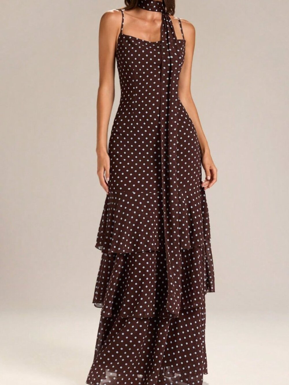 Brown Chic Women's Polka Dot Maxi Dress with Spaghetti Straps, Fishtail Gown - Picture 5 of 7
